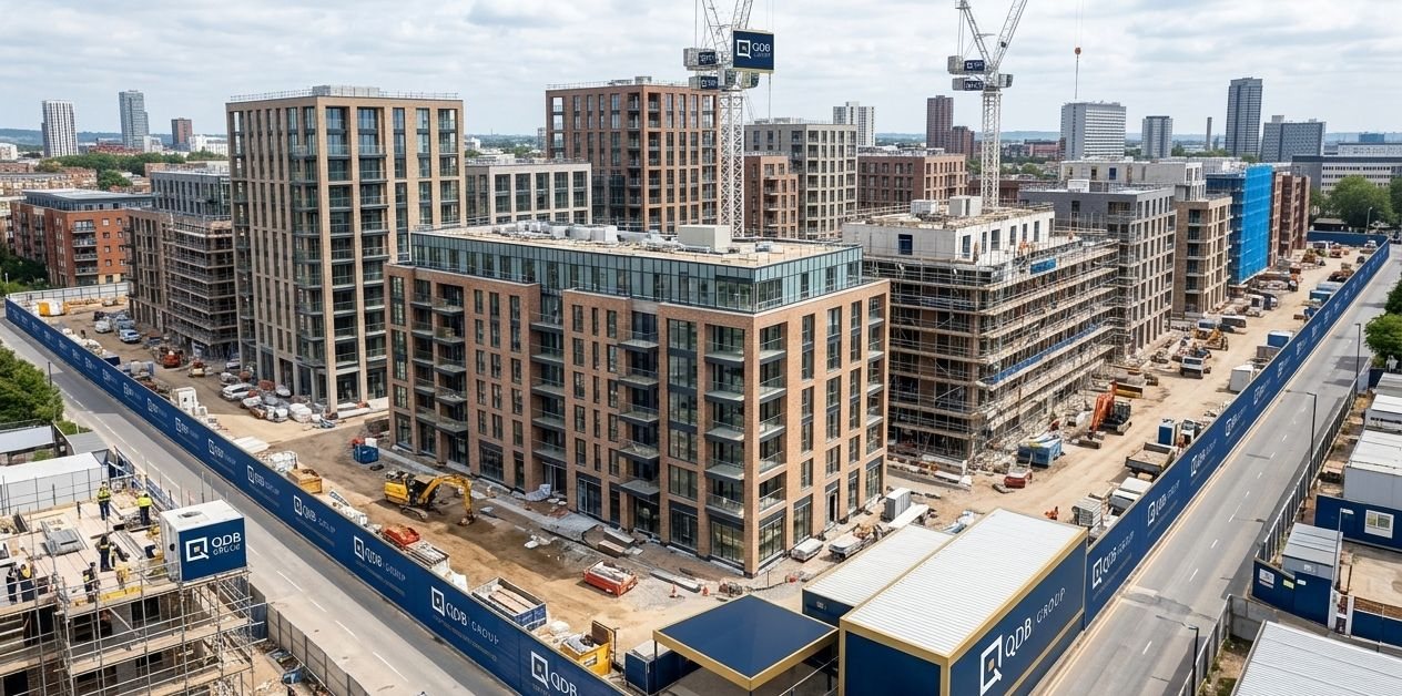 Aerial view of a large urban residential development under construction