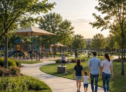 A family walking along a path through a park with a playground